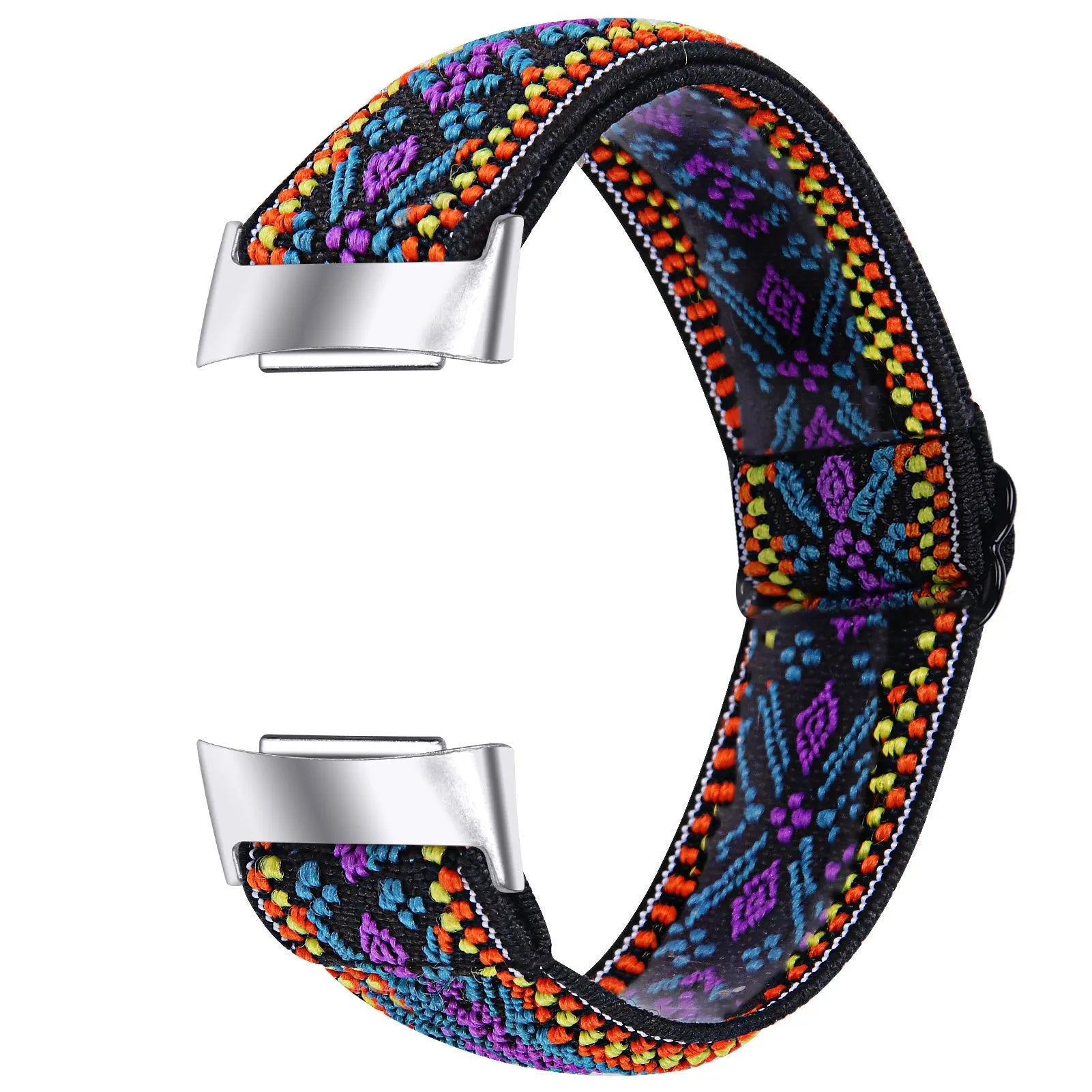 Adjustable printed elastic watch strap compatible with Fitbit Charge 6, shown in a vibrant colour design.