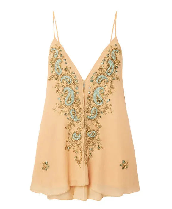 Light yellow ethnic print sling dress with V-neckline and sleeveless design