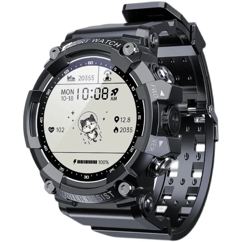 ATTACK 3 smart watch in black with round screen showing heart rate data on TPU strap