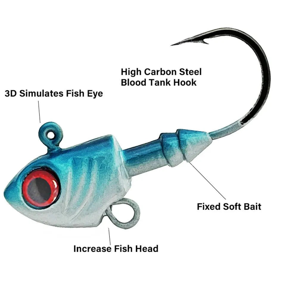 Yayu shaped lead fishing jig head hooks in blue, silver, and yellow colours showing different weights.