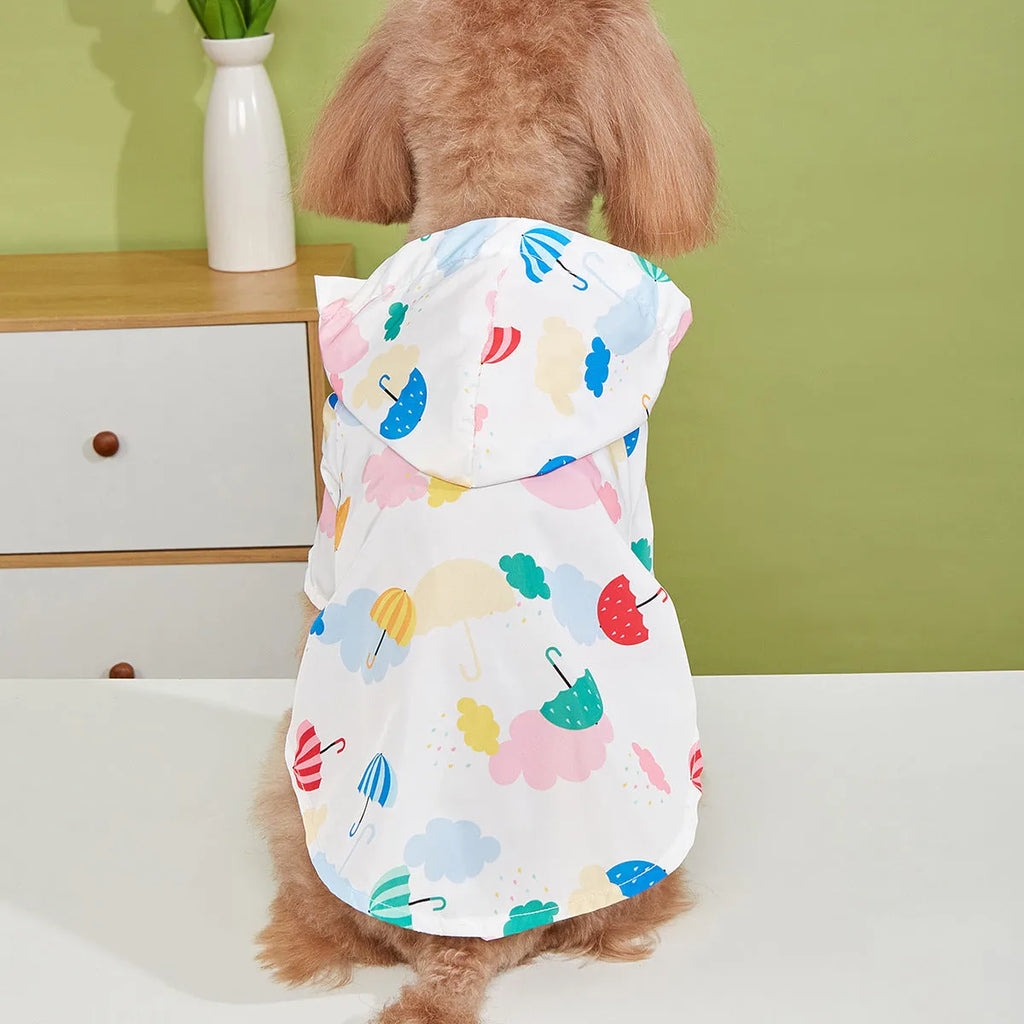 Cartoon umbrella pattern pet raincoat in 100% polyester, available in sizes XS to XL
