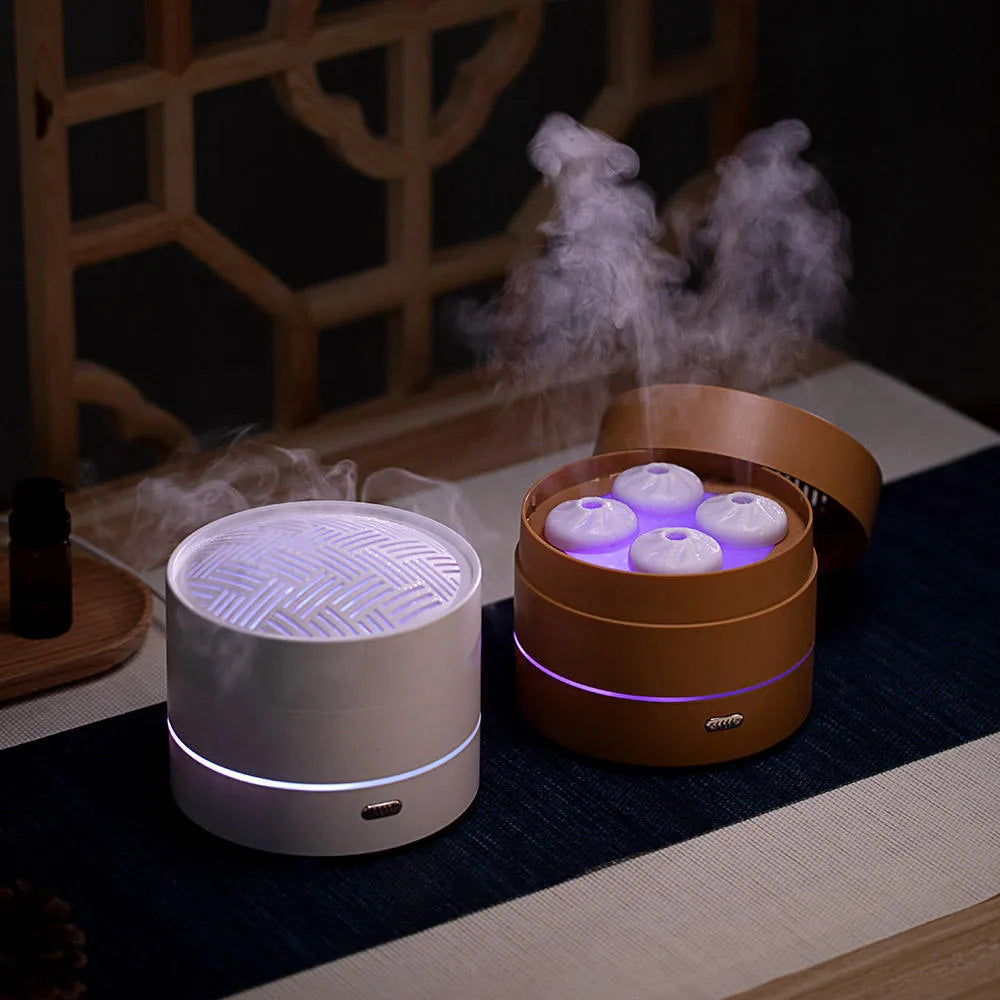 200ml USB ultrasonic aroma diffuser with four-spray design, steaming bun shape, and LED night light in Coffee or White