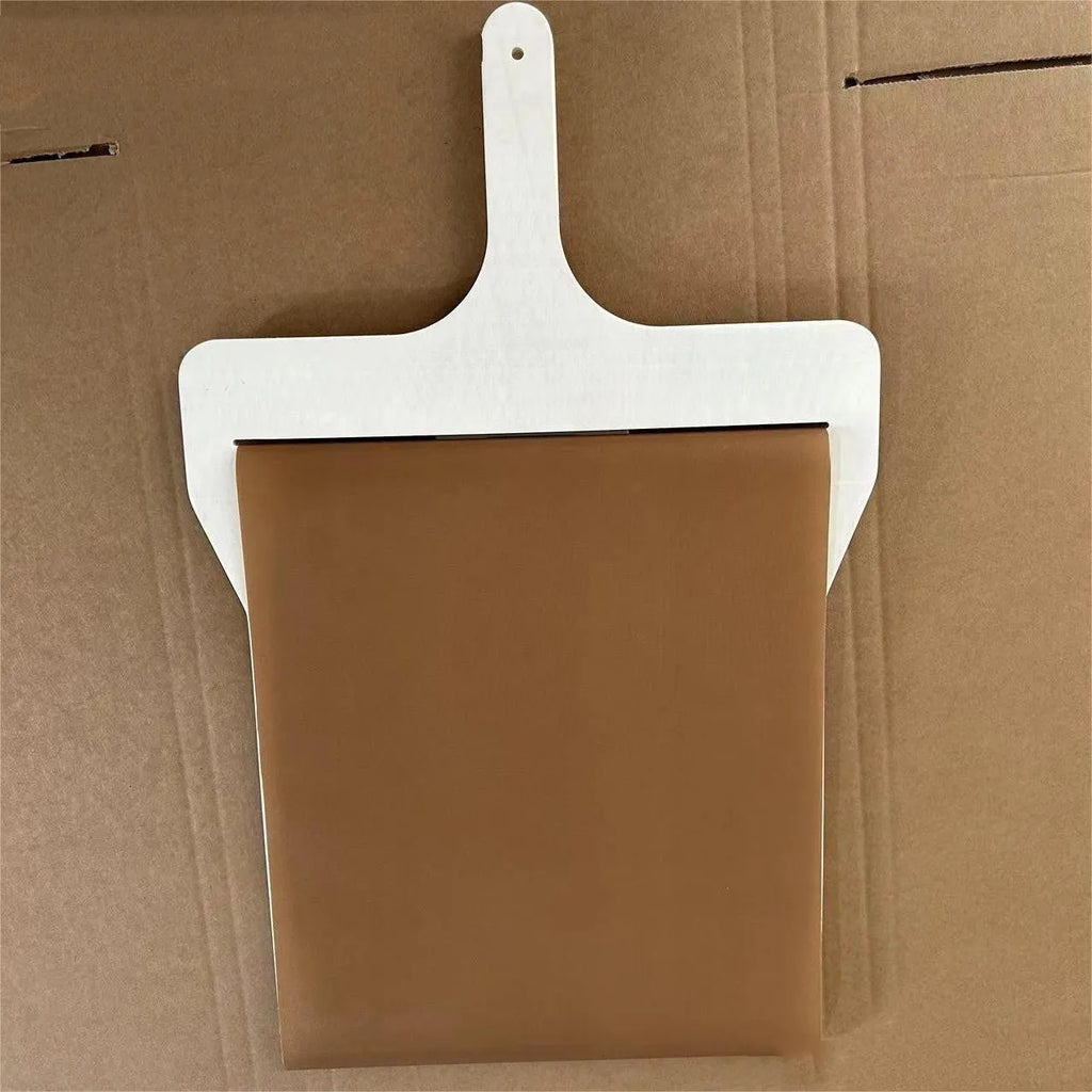 Wooden pizza peel board in natural log colour with hanging hole, shown in three size options
