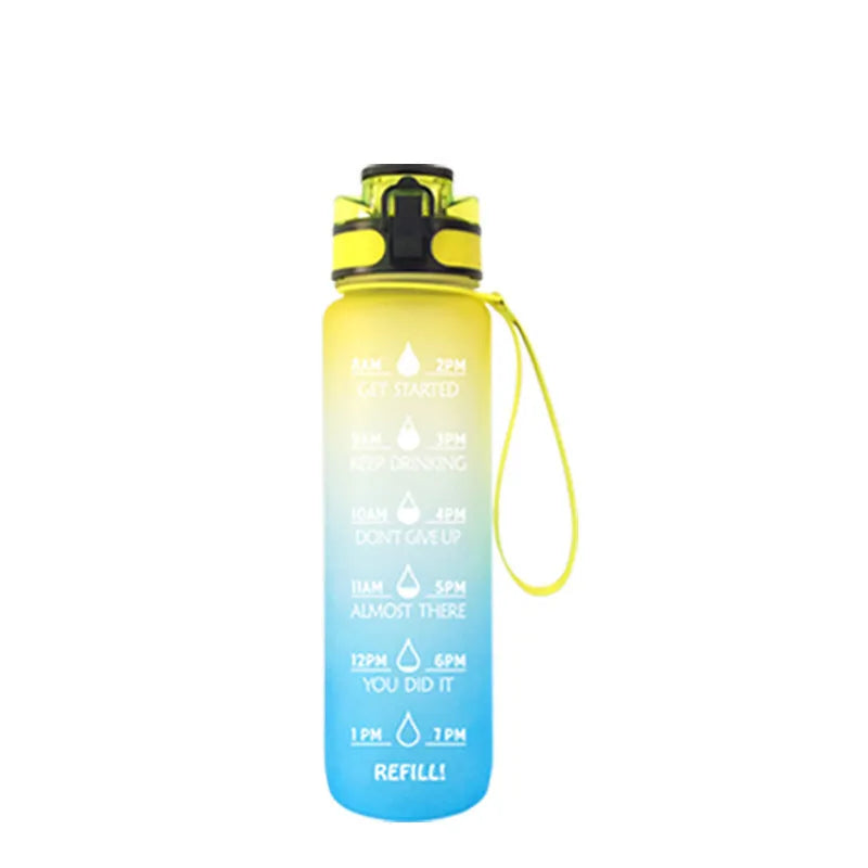 Clear 1000ml Tritan sports water bottle with blue lid and infuser inside, showing measurements.