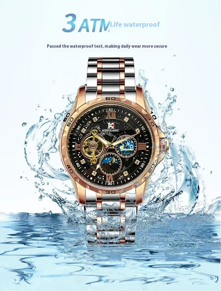 Automatic mechanical men's watch with rose gold shell, black surface, and large 42mm dial