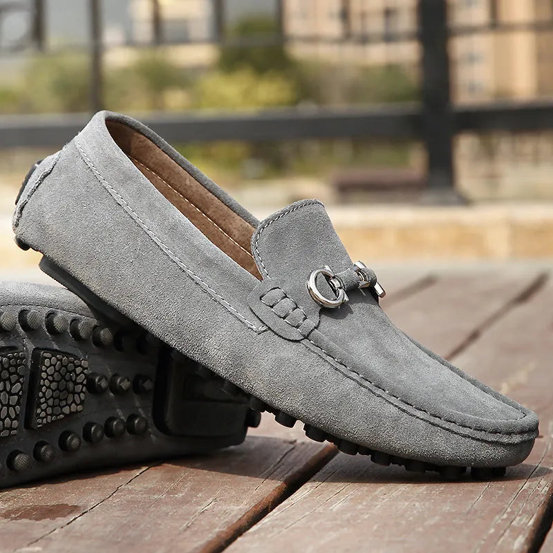 Men's black slip-on business casual leather shoes with square toe and matte finish