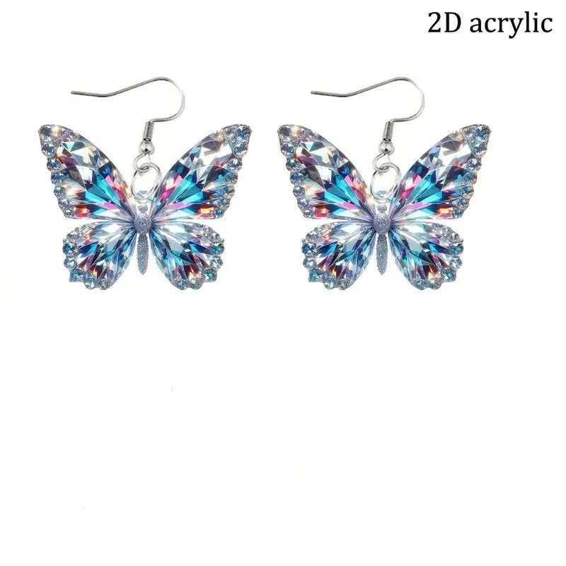 Pair of printed acrylic butterfly earrings with 2D sparkling design, unisex animal zodiac mallard style