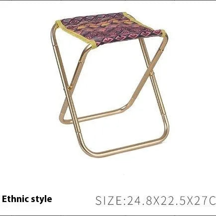 Black aluminium alloy folding stool with ethnic pattern, folded for compact storage