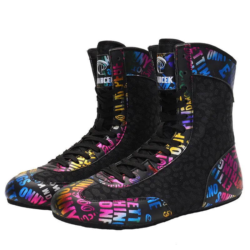 High-top combat training wrestling shoes with mesh and leather upper in green colour.