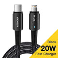 USB-C fast charging cable with aluminium housing and indicator light, shown in black, blue, and coffee colours.