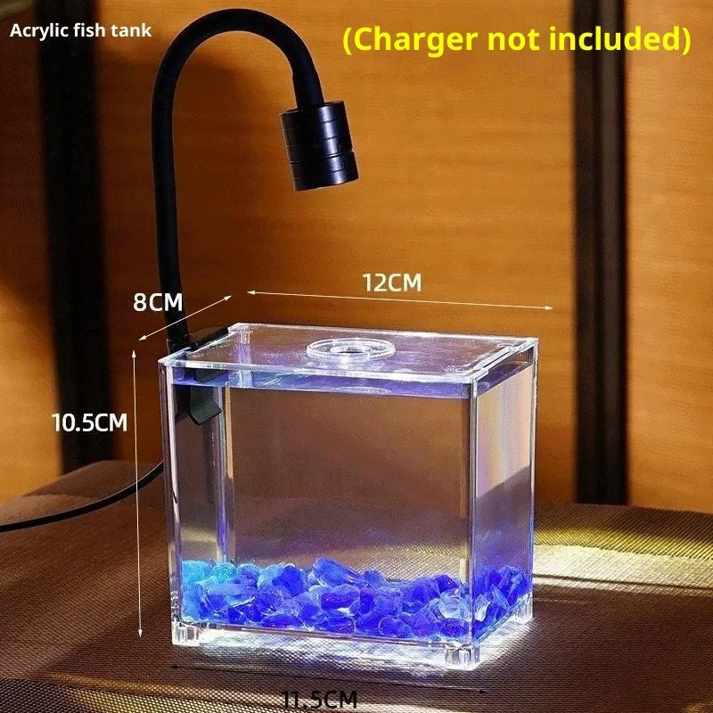Thickened acrylic fish tank building block, single grid cylinder with blue glass and spotlight, tabletop use, blue colour option.