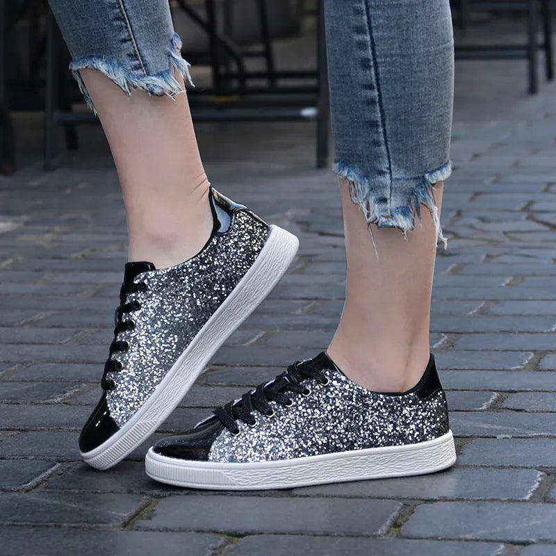 Women's colourful sequin casual shoes in black, gold, or pink with round toe and lace-up design