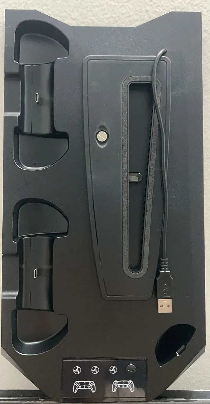 PS5 charging base radiator in black with dual USB ports storing controller and headset