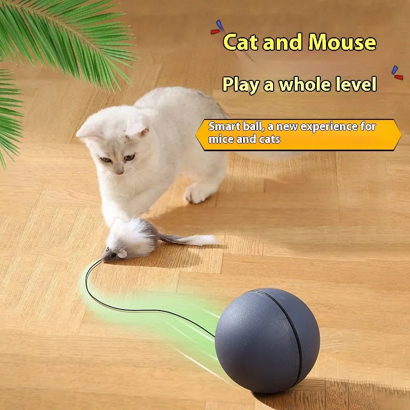Automatic cat teasing ball toy with plush mouse attachment in blue orange and dark grey