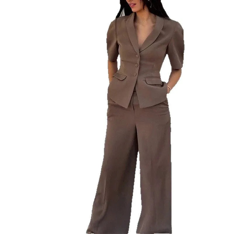 Brown slim-fit suit with trousers, showing top with regular sleeves and tailored waist, available in sizes S to 3XL
