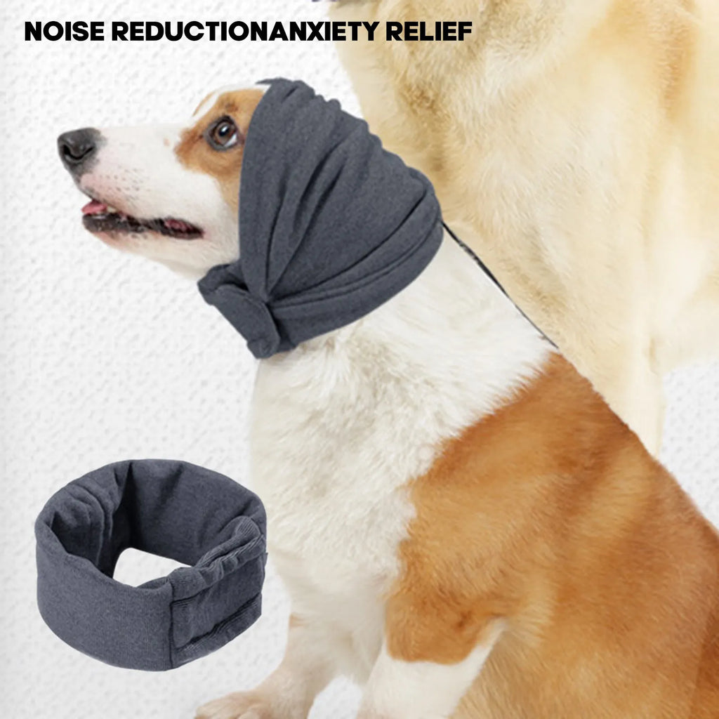 Dog wearing purple calming hoodie with ear muffs covering head and neck