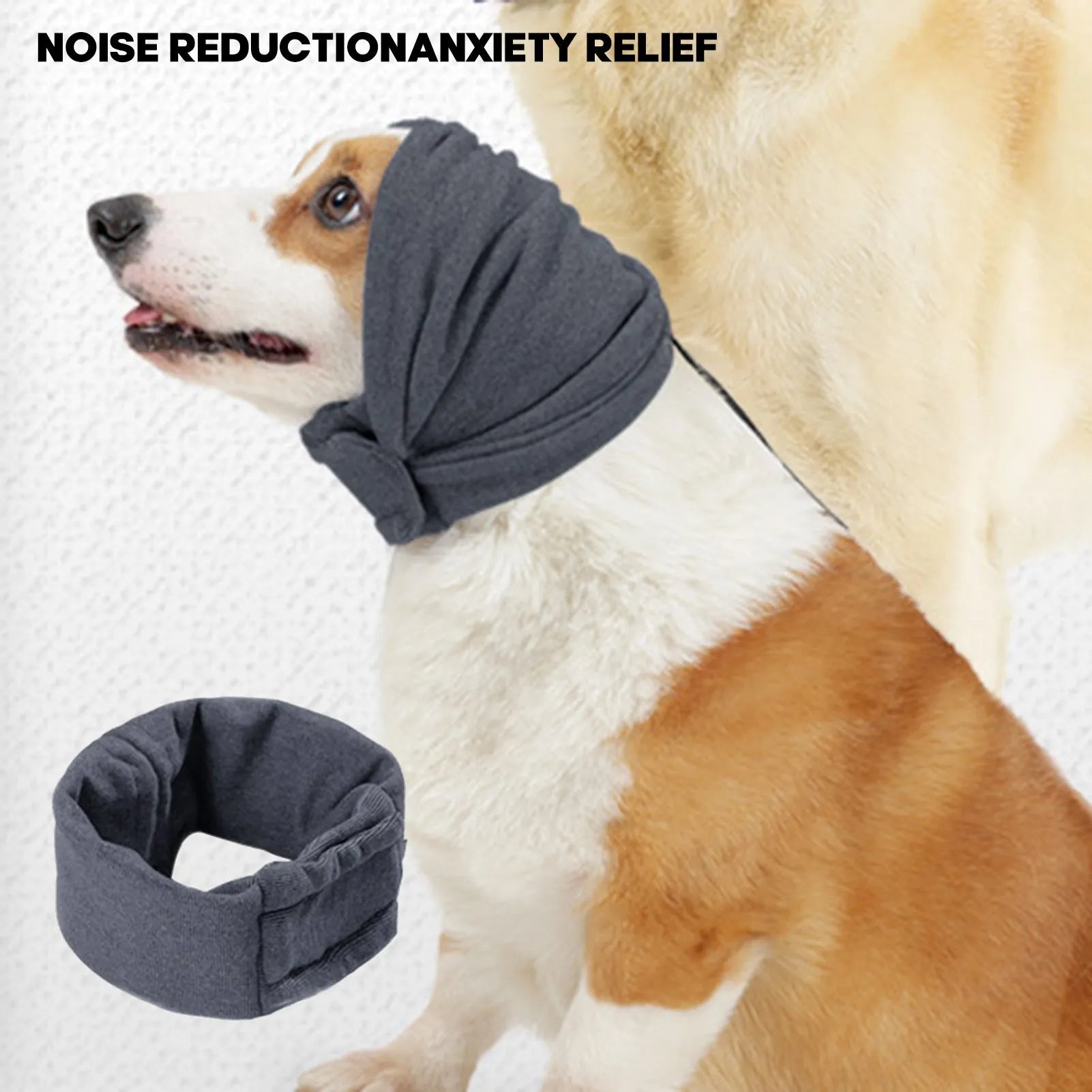 Dog wearing purple calming hoodie with ear muffs covering head and neck