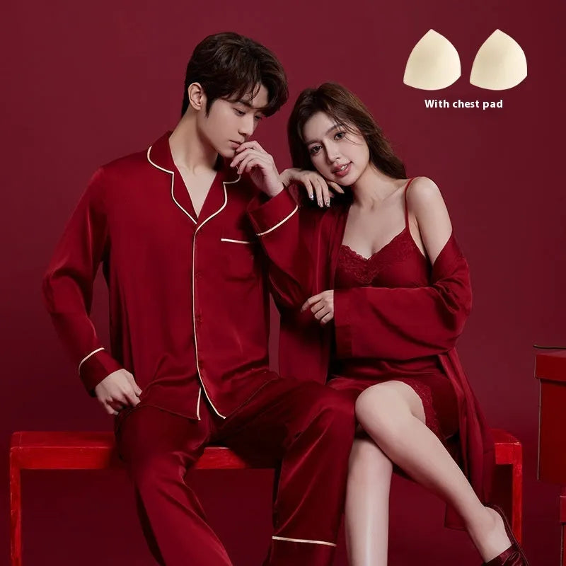 Red ice silk sleepwear set for men and women with long sleeves and trousers, fabric weight 121-140g/m²