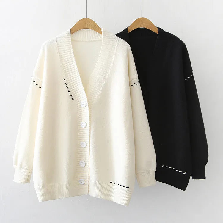 Women's loose fit knitted cardigan top coat in black solid colour with long sleeves