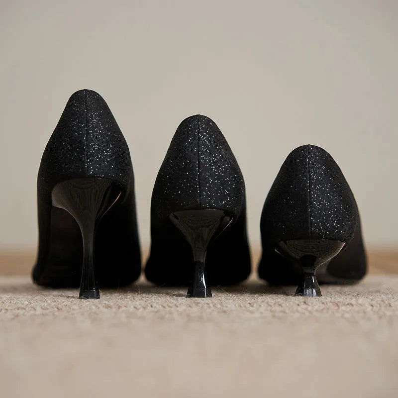 Black French style high heels with sequined detailing and 7cm thin heels