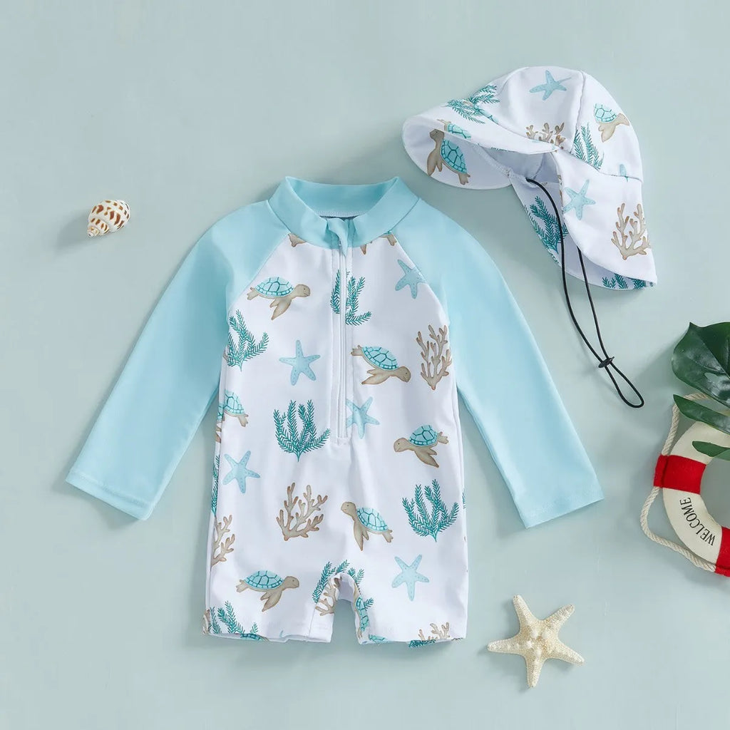 Children's one-piece swimsuit with long sleeves and hat in dinosaur light green or white and blue, sizes 70-110