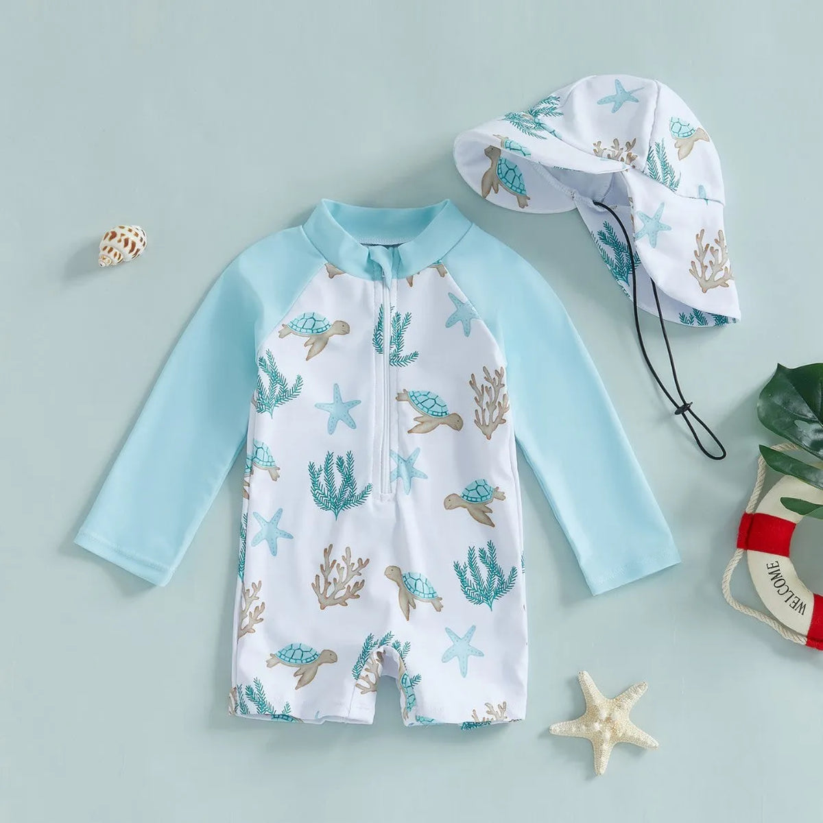 Children's one-piece swimsuit with long sleeves and hat in dinosaur light green or white and blue, sizes 70-110