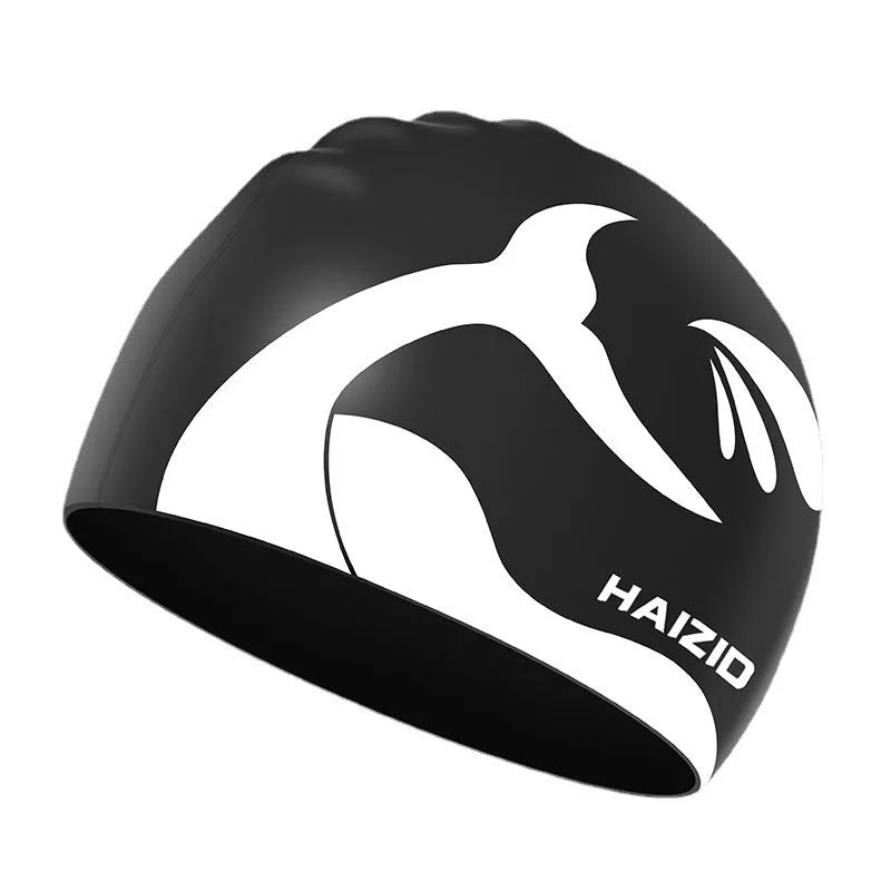 Silicone swimming cap with whale tail pattern and waterproof ear protectors in four colour options