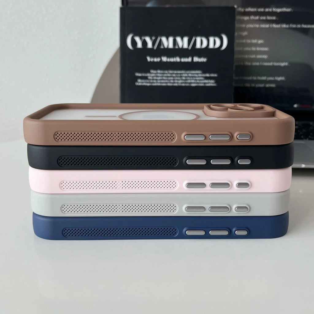 Magnetic skin-feel phone case for iPhone in black, blue, grey, khaki, or pink with TPU PC shockproof cover