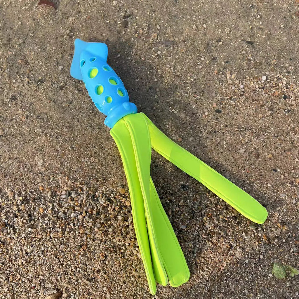 Blue cuttlefish-shaped dog chew toy approximately 39cm long with rubber and waterproof cloth construction