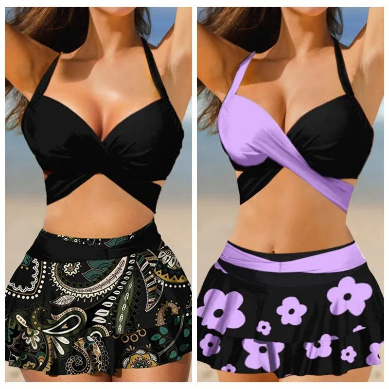 Women's purple bikini swimsuit with high-waisted briefs, backless design, lace-up top, and matching skirt for swimming.