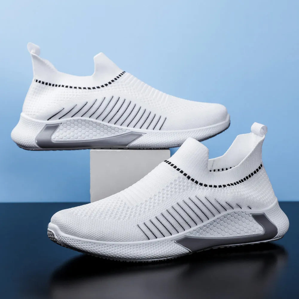Men's mesh sock shoes with striped design, Flyknit upper, and plastic sole in black-white colour, size 42