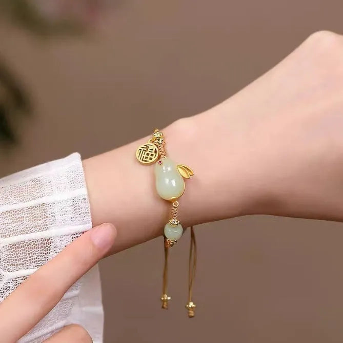 Yellow string bracelet with geometric Hetian jade rabbit charm for women