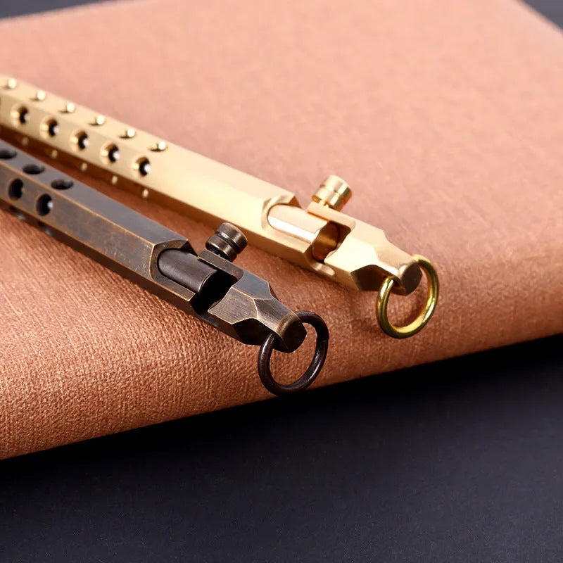 Brass hexagonal bolt roller pen with 0.5mm tip, 13cm length, and retro black refill option.
