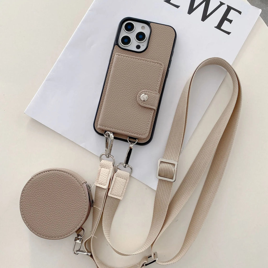 Black PC leather card holder phone case for iPhone with lanyard loop and card slots visible.