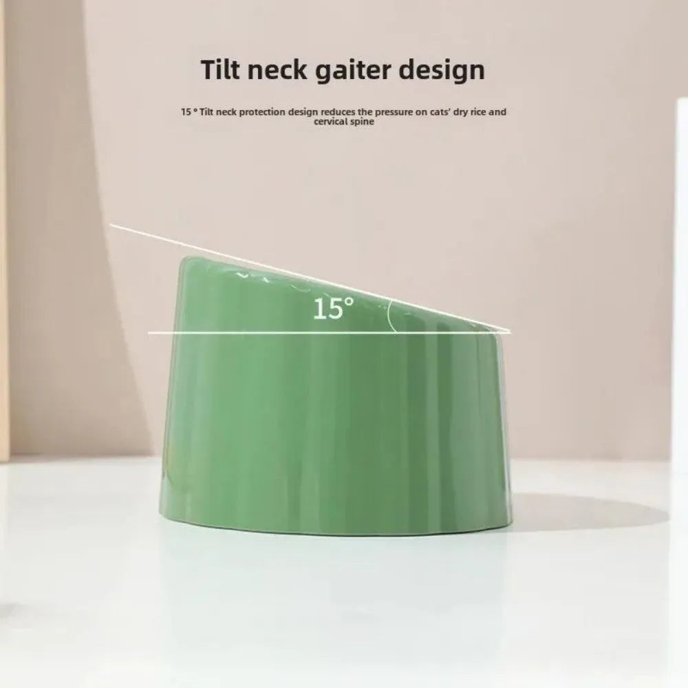 Solid colour ceramic cat bowl with cactus design, showing anti-slip base and large mouth opening.