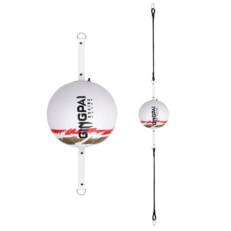 Black boxing speed ball hanging from adjustable cord with 150-200cm height range for reaction training