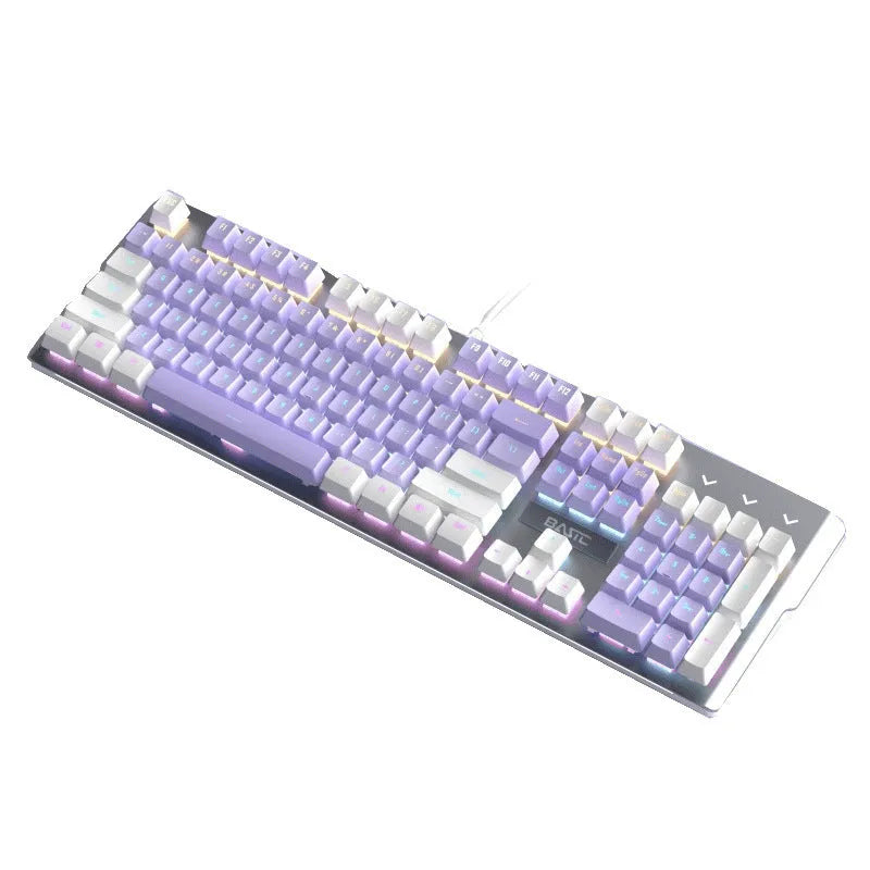 Purple and white mechanical keyboard and mouse wired set with RGB backlight illumination