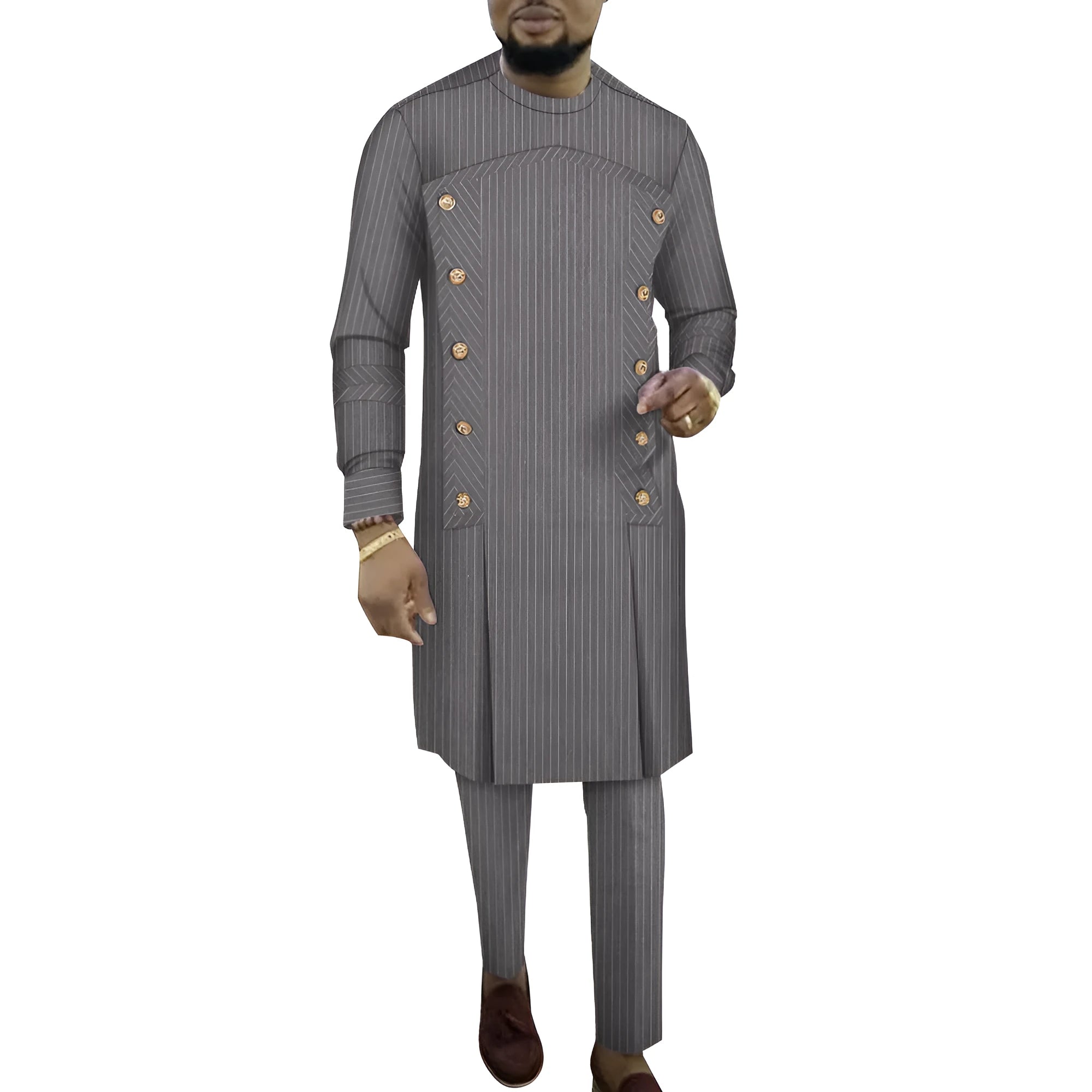 Men's striped cotton African two-piece robe set showing long sleeve top and matching trousers
