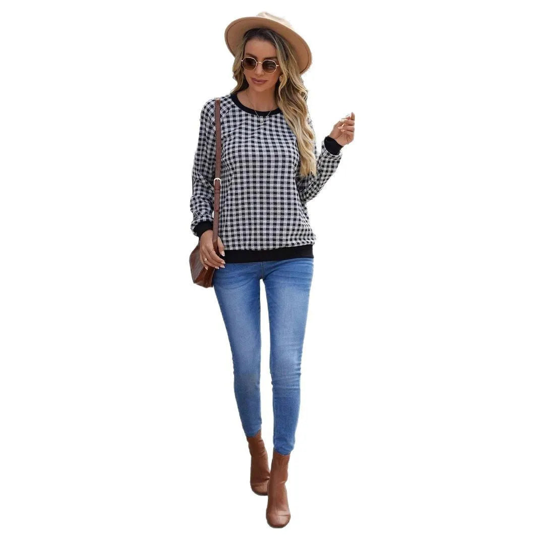 Black plaid pullover long sleeve sweater with striped pattern, available in sizes S to XXL