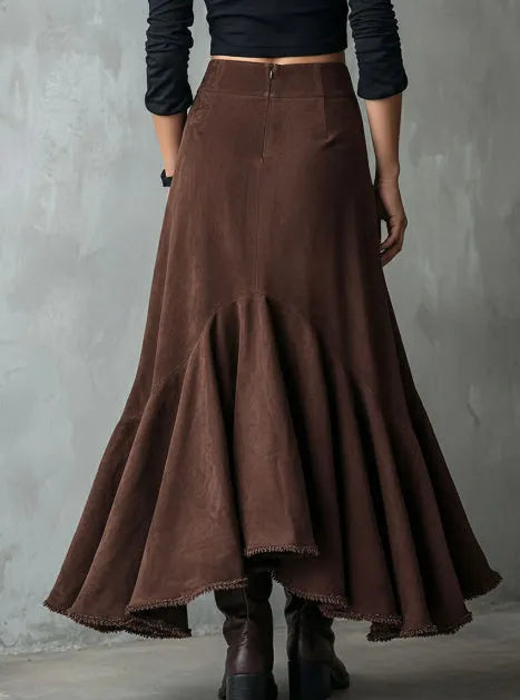 Brown women's maxi skirt with high-low hem and ruffle trim in eco-suede polyester fabric