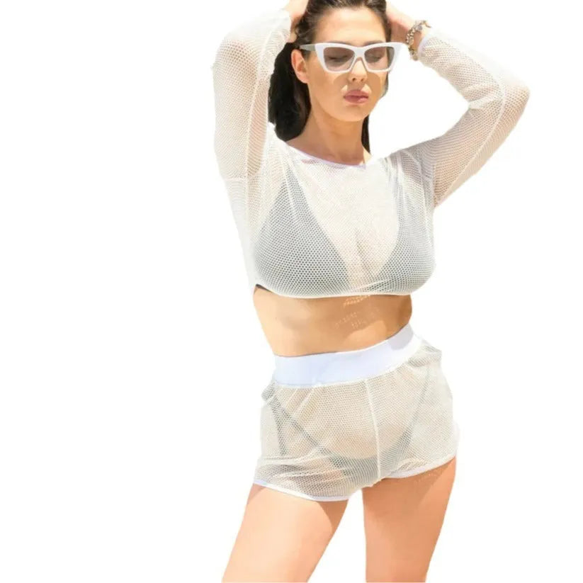 White transparent women's beach swimsuit with adjustable straps and skirt, showing breathable spandex lining