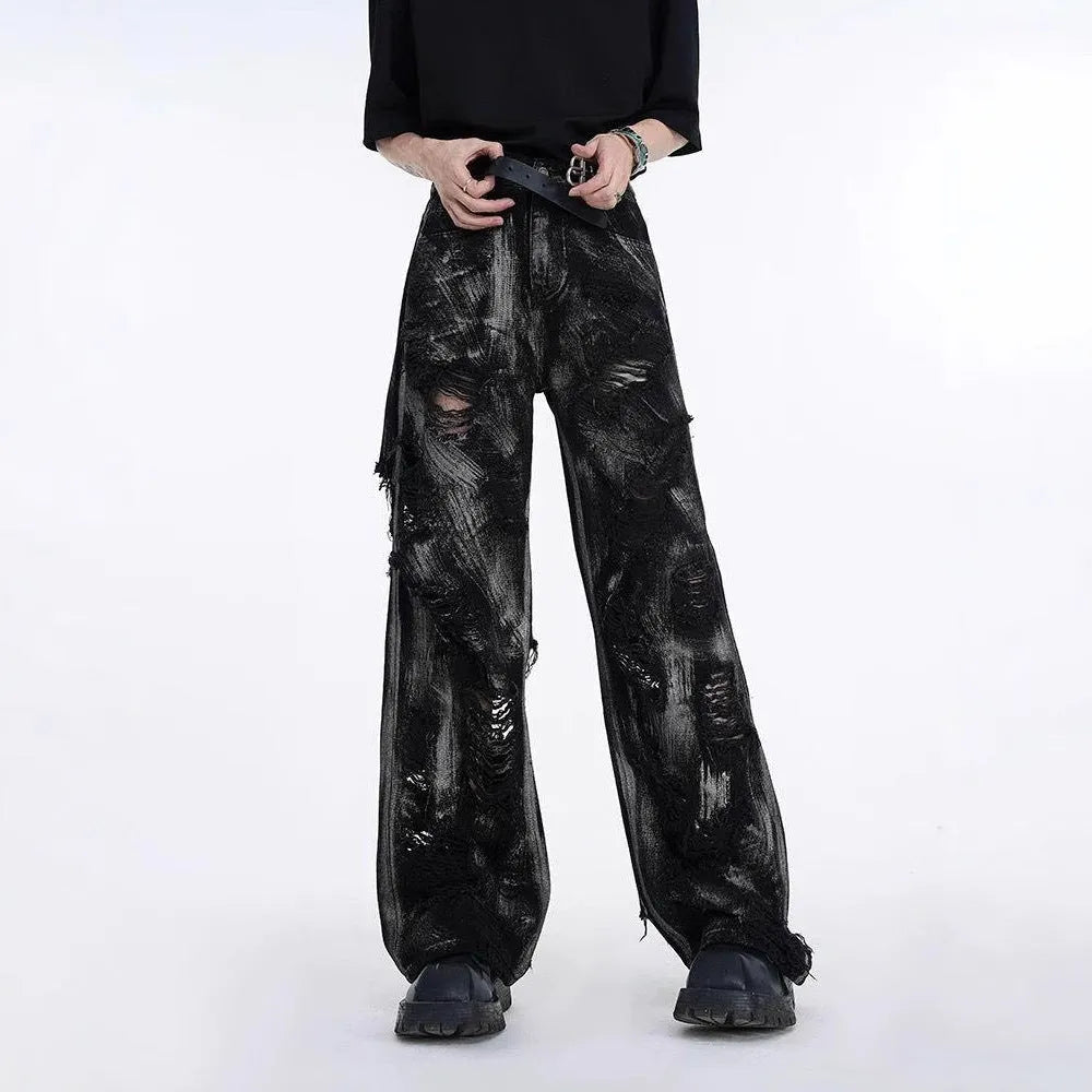 Men's American style long pants jacket with heavyweight washed graffiti denim and micro elasticity