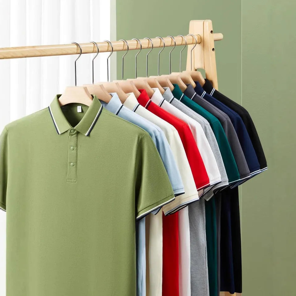Men's pure cotton short sleeve polo shirt with lapel collar in business casual styling