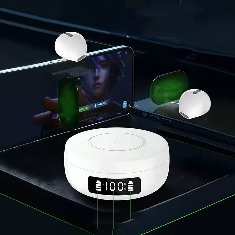 Black wireless semi-in-ear headphones with charging compartment showing compact design and 8mm speaker units