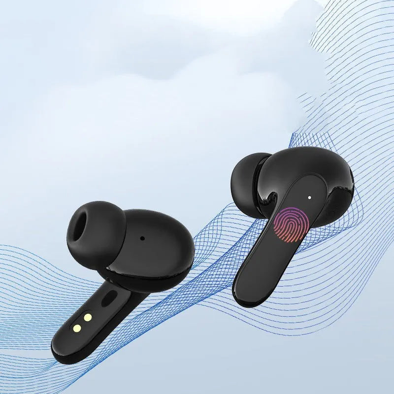 Neutral white and black wireless TWS in-ear sports stereo earbuds with charging cable