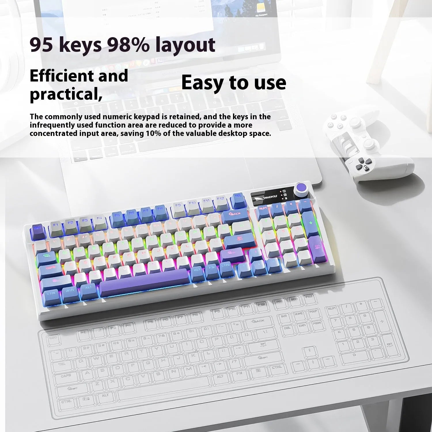 SK15 wired mechanical keyboard with control knob in Autumn Water Blue colour on UK desk setup