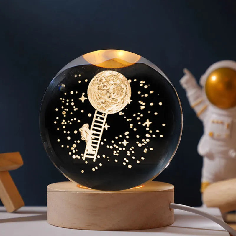 Starry Sky Luminous Crystal Ball on round wooden base, glowing with USB-powered light in 6cm or 8cm size