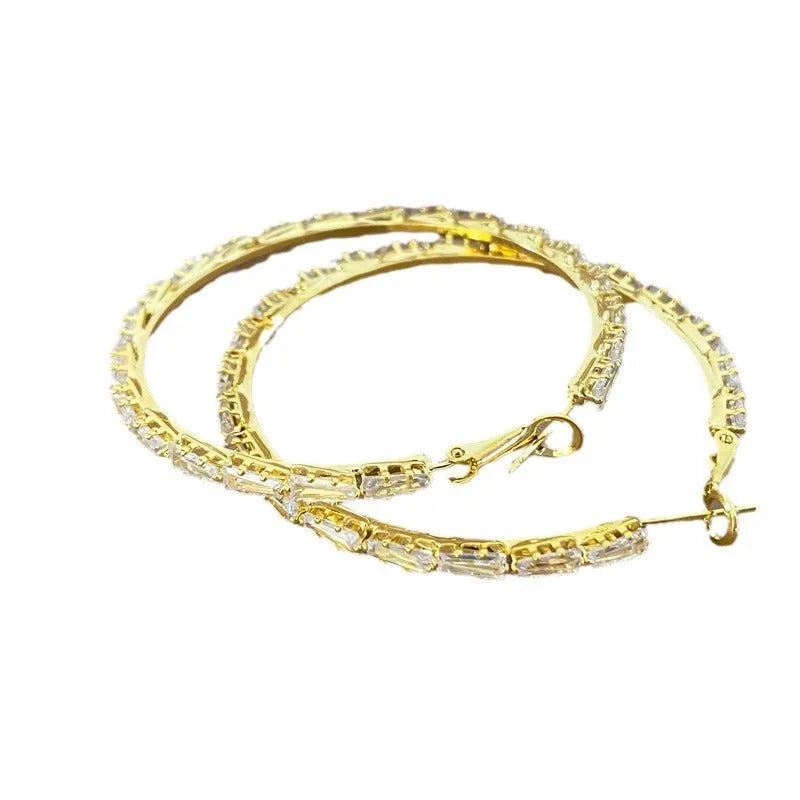 Gold-plated copper big circle hoop earrings with rhinestone inlay and 925 silver needles
