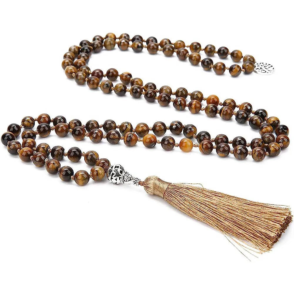 Handmade knotted beaded necklace with 108 stone pendants showing colour variations