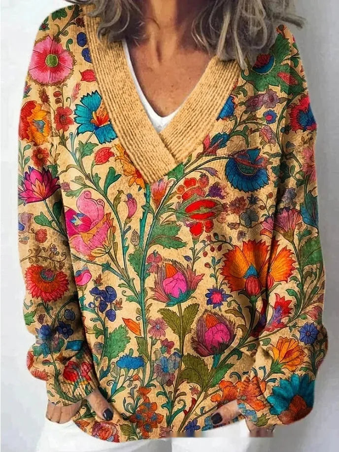 Women's floral pattern V-neck sweatshirt with 3D effect design in art retro style